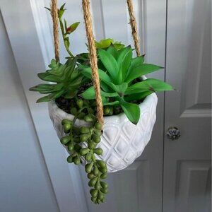 Hanging Faux Succulent Arrangement in Decorative Ceramic Pot